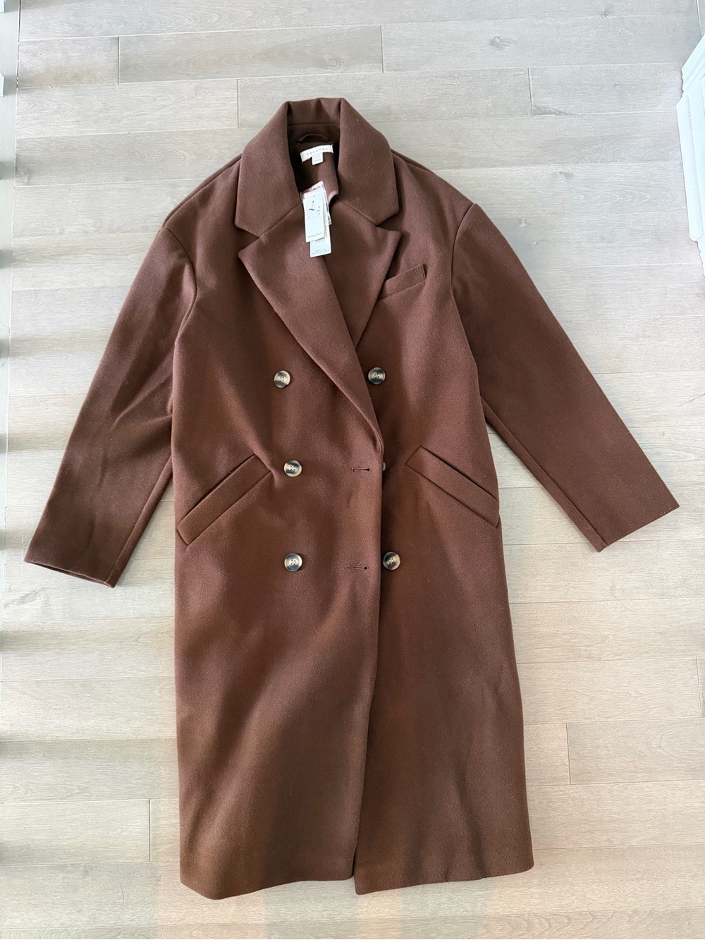 Topshop Double-Breasted Long Trench Coat in Brown
